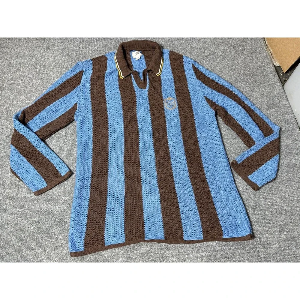 BDG Sweater Mens XL Blue Brown Stripe Open Knit Collared Pullover Long Sleeve
